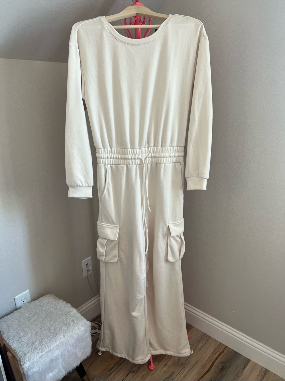 Blue Blush Cream Long-Sleeve Cargo Jumpsuit Bodysuit